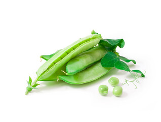 Fresh pea with green leaf isolated on a white background.