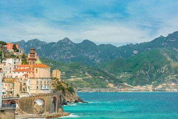 Beautiful view on Atrani town on famous Amalfi coast, Campania, Italy