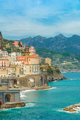 Fototapeta na wymiar Aerial view of town Atrani on Amalfi coast, Campania, Italy, Europe