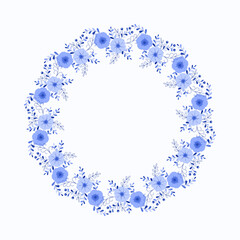 Floral round frame from cute ditsy flowers. Greeting card template. Design artwork for the poster, tee shirt, pillow, home decor. Summer wild flowers wreath.