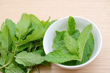 Fresh mint on wooden table copy space