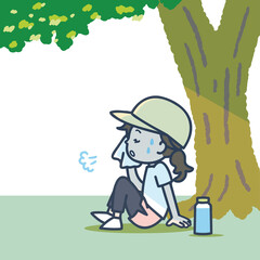 ランニング中、木陰で休む女性のイラスト
