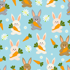 Bunny with carrots, white, gray and brown, sky blue and white daisies flowers background.
