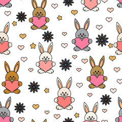 Bunny cartoon illustration, with ouline contrast, white, gray and brown, with pink hearts, stars and flowers background.