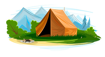 Tourist tent in the meadow. Extinct fire, outdoor recreation. The mountains. Flat style. Vector illustration. © WebPAINTER-Std