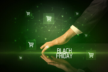 Online shopping with BLACK FRIDAY inscription concept, with shopping cart icons