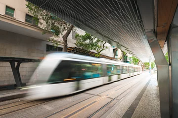 Fotobehang Electric Rio de Janeiro City Tramway in Motion at Platform © Donatas Dabravolskas