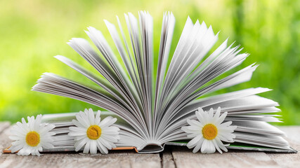 Open book in the fresh air on a background of green grass. The book with the flowers between the pages.