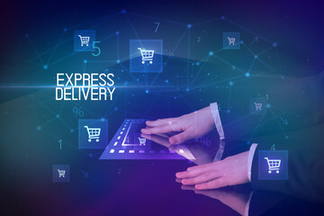Online shopping with EXPRESS DELIVERY inscription concept, with shopping cart icons