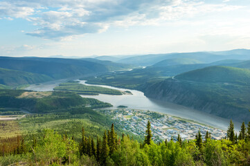 Panoramic view of Dawson city and Yukon river from the top of Midnight Dome mountain, Yukon territory, Canada - 362246290