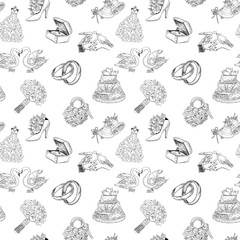 Seamless background of sketches various wedding symbols