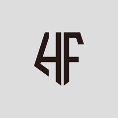 H F black pentagon initials with a gray background
