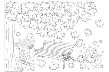 Bench under maple tree fallen leaves umbrella sketch. Hand drawn ink monochrome art design element thin line object isolated for coloring page, for web, for print