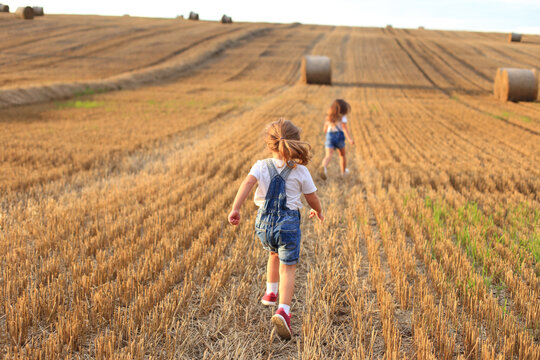 Girlfriends run on a sloping field in summer