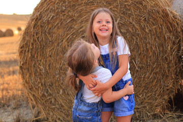 Naklejka na ściany i meble Girlfriends cuddling near a haystack in a field in summer