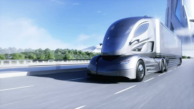 3d model of generic futuristic electric truck on highway. Future city background. Electric automobile. Realistic 4K animation