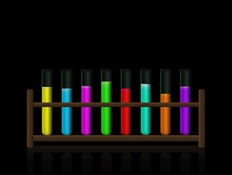 Chemical substances. Neon colored fluorescent toxic liquids in a test tube rack. Wooden holder with radiant colored fluids in eight laboratory glass tubes. Vector on black background.
