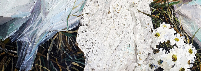 Snow-white fabrics on summer herbs. Oil painting.