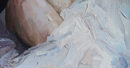 The female leg is covered with a white cotton blanket. Oil painting.
