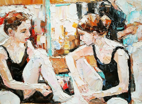 Two young girls gymnasts are preparing for performance in the dressing room. Palette knife technique of oil painting and brush.