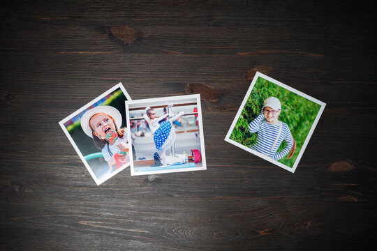 Three square photos on wooden background. Flat lay.