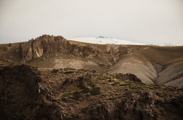 Geology. Aerial view of the cliffs and rocky formations high in the mountains. 