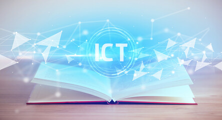 Open book with ICT abbreviation, modern technology concept