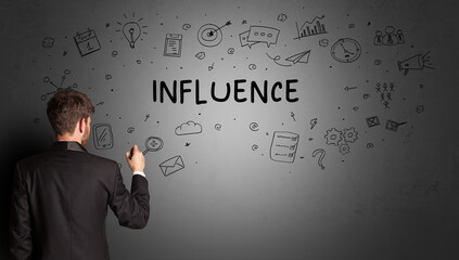 businessman drawing a creative idea sketch with INFLUENCE inscription, business strategy concept