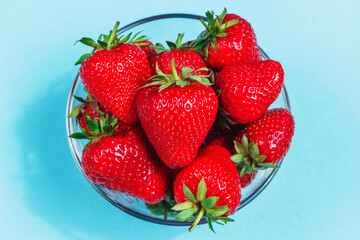 Many berries of ripe delicious strawberries lie in a glass bowl on a blue background. Background with strawberries. Summer berries. Healthy eating.
