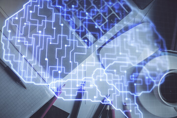 Obraz premium Multi exposure of brain sketch hologram over topview work table background with computer. Concept of big data.
