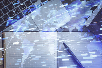 Multi exposure of data theme drawing hologram over topview work desk background with computer. Concept of technology.