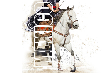 La palabra MEXICO en un poster escrita sobre la foto de un escaramuza usando un vestido colorido montada en un caballo blanco, recurso grafico, fondo