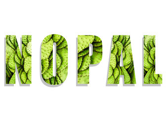 La palabra NOPAL escrita usando de relleno varias fotos de nopales pelados, fondo verde
