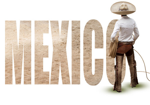 La palabra MEXICO escrita sobre la foto de un charro mexicano vestido con la vestimenta tradicional parado de espalda sosteniendo el lazo en una mano,recurso grafico, fondo