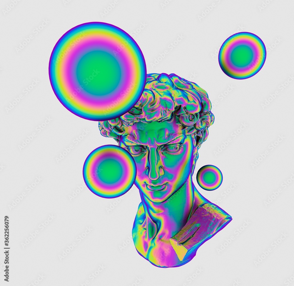 Poster 3d rendering of michelangelo's david head. holographic chromium bust sculpture with floating spheres