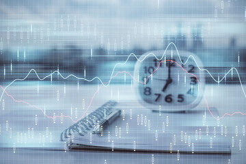 Multi exposure of financial graph drawings and desk with open notebook background. Concept of forex