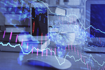 Double exposure of financial graph drawing and cell phone background. Concept of forex trading