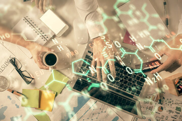 Double exposure of man and woman working together and formula hologram drawing. Computer...
