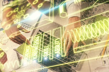 Double exposure of man and woman working together and education theme hologram drawing. Computer background. Top View.