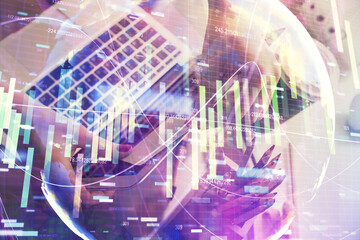 Multi exposure of woman hands typing on computer and business theme hologram drawing. Success concept.