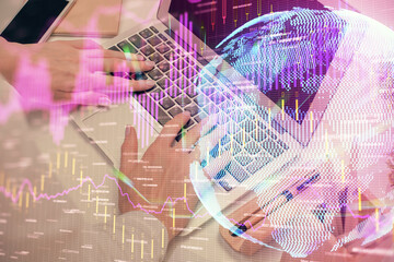 Multi exposure of woman hands typing on computer and forex chart hologram drawing. Stock market analysis concept.