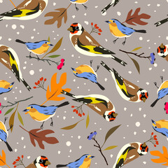 Autumn birds repeated seamless vector pattern with goldfinch, robin and plants elements for fabric and surface design non directional, gift wrap, product, greeting card, stationery, package.