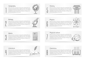 School banner set. Collection of symbols icons depicting various sciences - geography, biology, mathematics, chemistry, history, physics, physical education, literature. Vector illustration