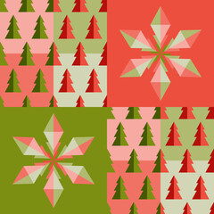 Christmas seamless pattern with fir trees and snowflakes. Colorful background in green and red. For Christmas, New Year, winter design