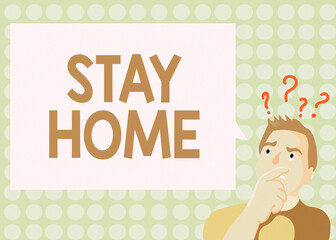 Conceptual hand writing showing Stay Home. Concept meaning not go out for an activity and stay inside the house or home Man Expressing Hand on Mouth Question Mark icon Text Bubble