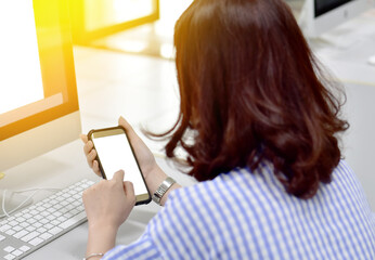 Woman touching screen on smart phone mobile