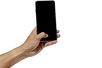 Man hand holding the black smartphone with blank screen and modern frame less design - isolated on white background