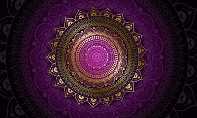 Luxury geometric gold gradient dark purple mandala background. Design for any card, birthday, other holiday, kaleidoscope, yoga, india, folk, arabic. Indian pattern wallpaper.