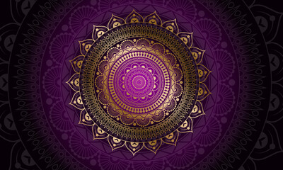 Obraz premium Luxury geometric gold gradient dark purple mandala background. Design for any card, birthday, other holiday, kaleidoscope, yoga, india, folk, arabic. Indian pattern wallpaper.