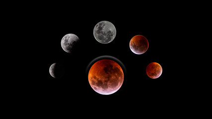 Collage of Super blood wolf moon 2019 as seen from Bonaire, Caribbean